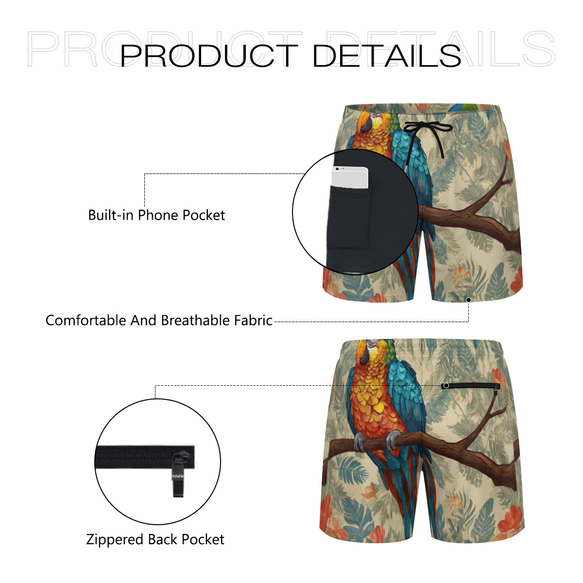 Parrot Design Short Sports Beach Shorts (Multifaceted Design) | Polyester