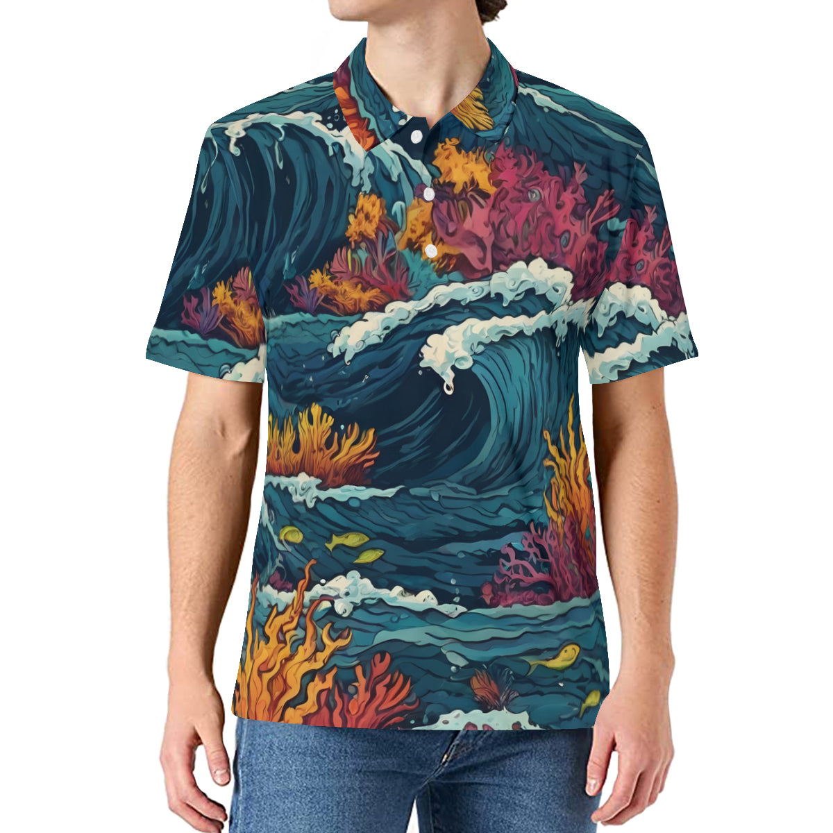 Ocean Waves Men's Premium European Size POLO Shirt | 95% Polyester+5% Spandex