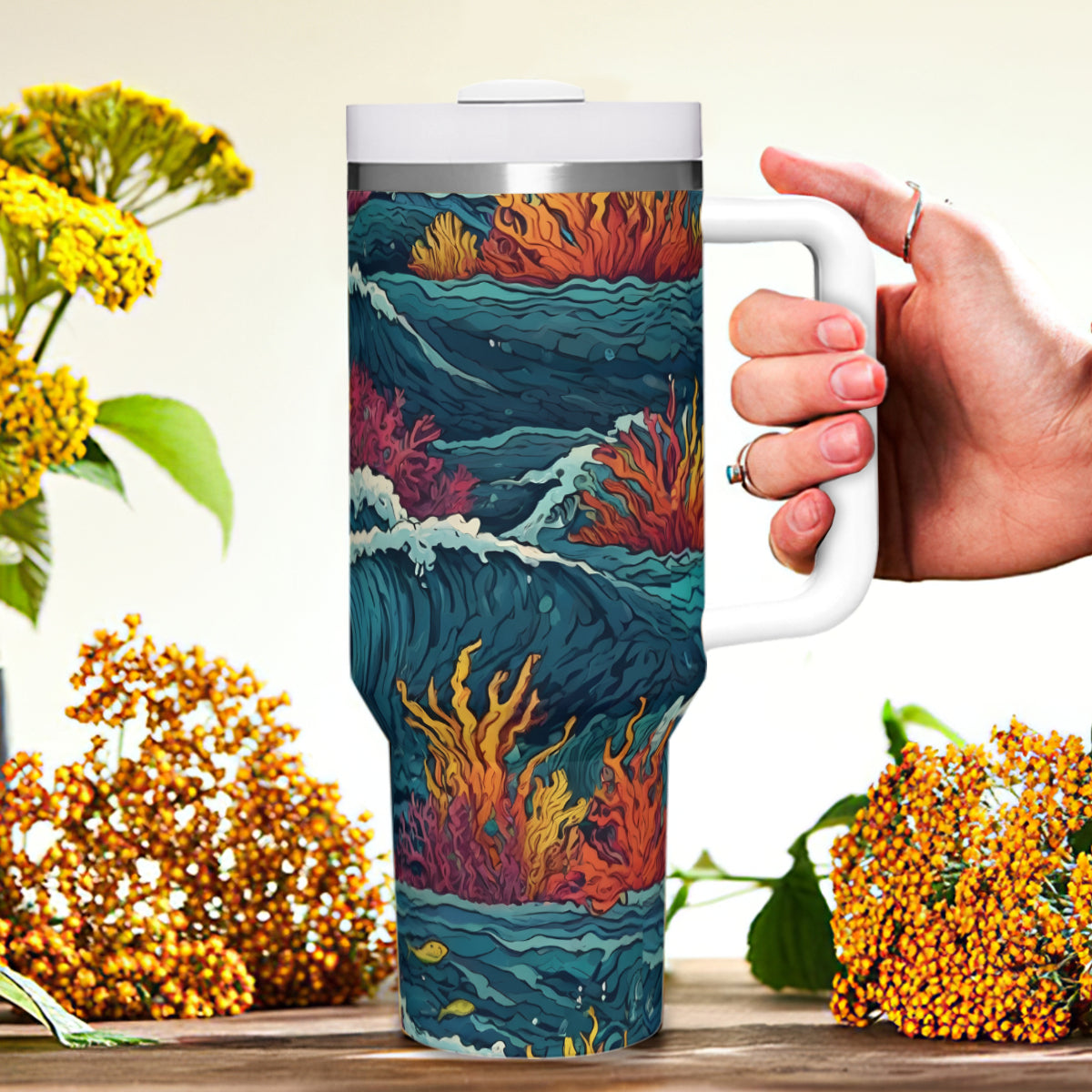 Ocean Waves Large Capacity Tumbler with Handle(1100ml/40oz) | Stainless Steel 304