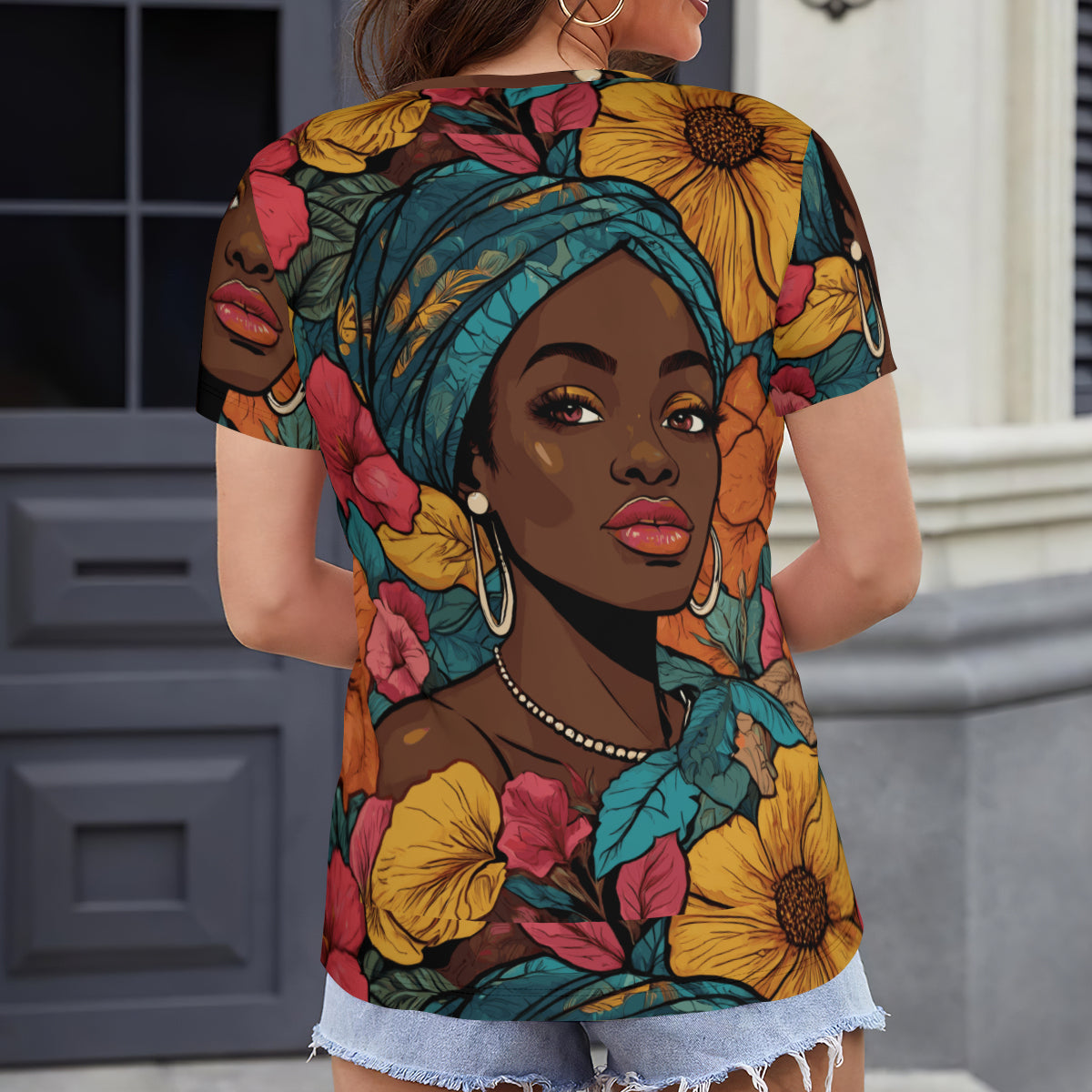 Melanin Queen Women's V-Neck Short Sleeve T-Shirt | Polyester