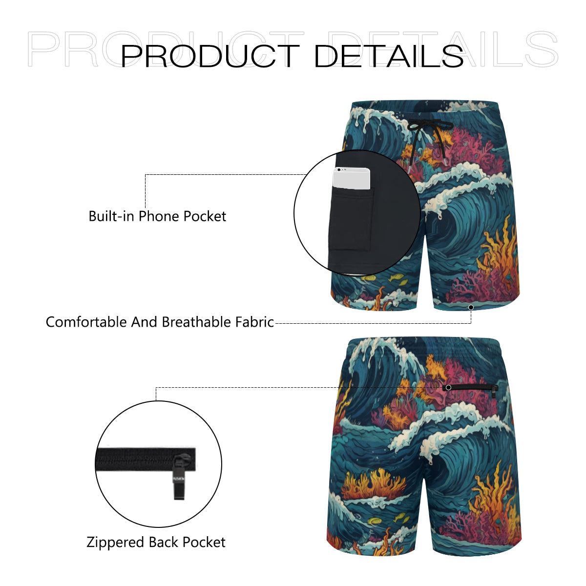 Ocean Waves Men's Casual Shorts Double-Layer Sports Beach Shorts (Multi-Faceted Design) | Polyester