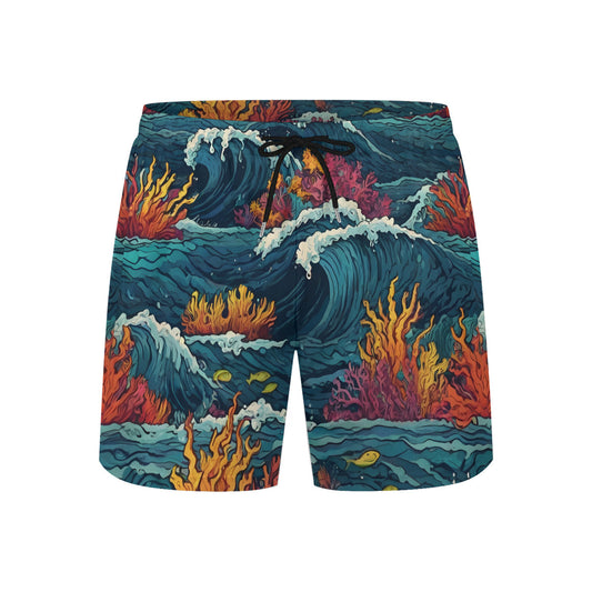 Ocean Waves Men's Casual Shorts Double-Layer Sports Beach Pants (Short) | Polyester