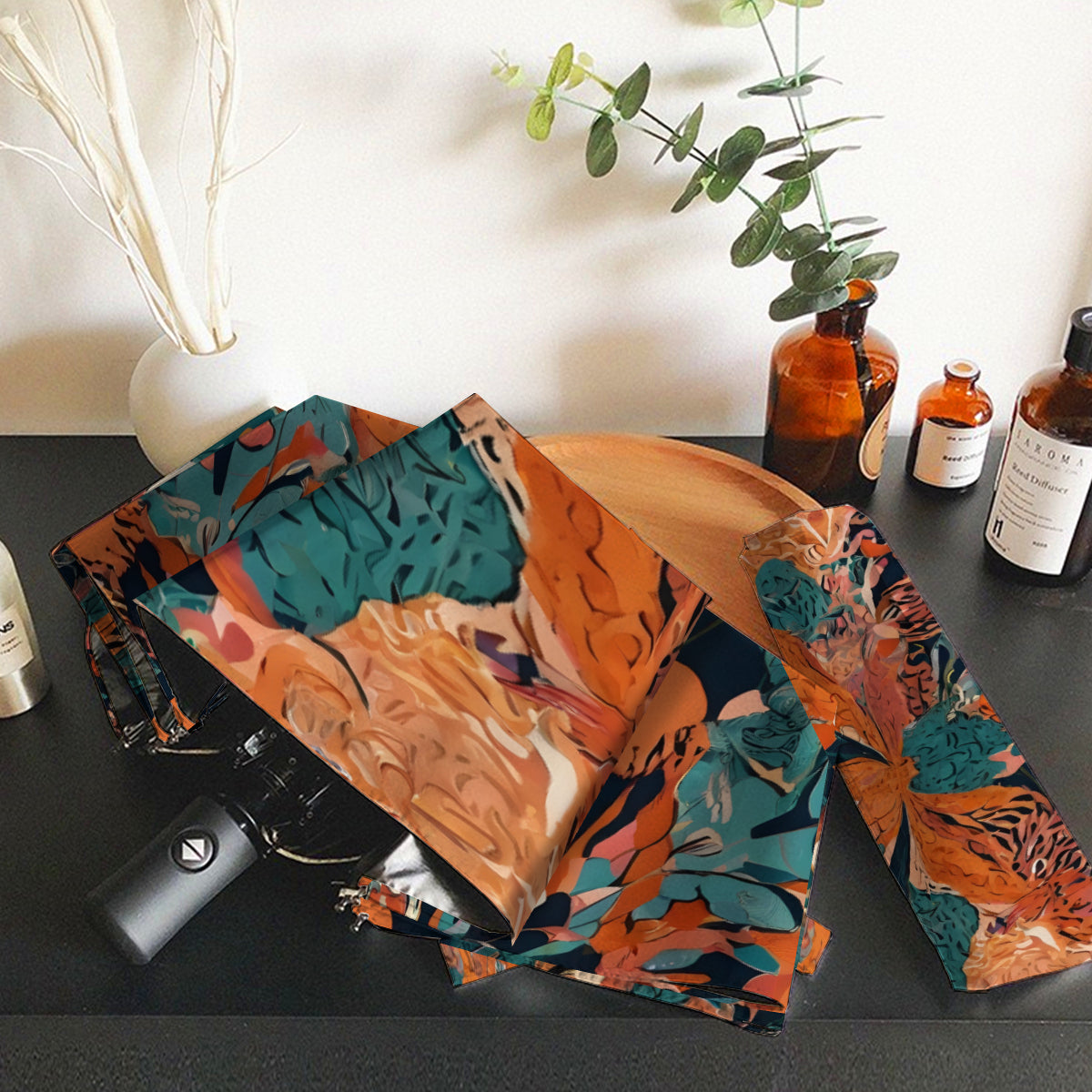 Abstract Vibes Automatic Tri-Fold Black Rubber Umbrella