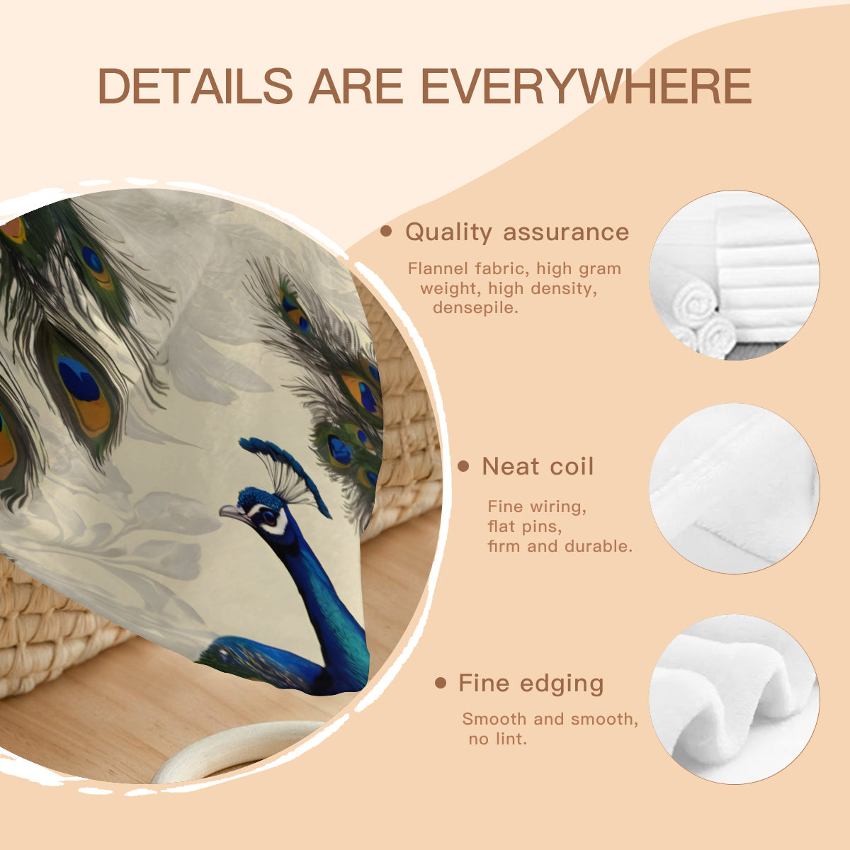 Peacock Design Single-Sided Printed Round Blanket | 280GSM Flannel
