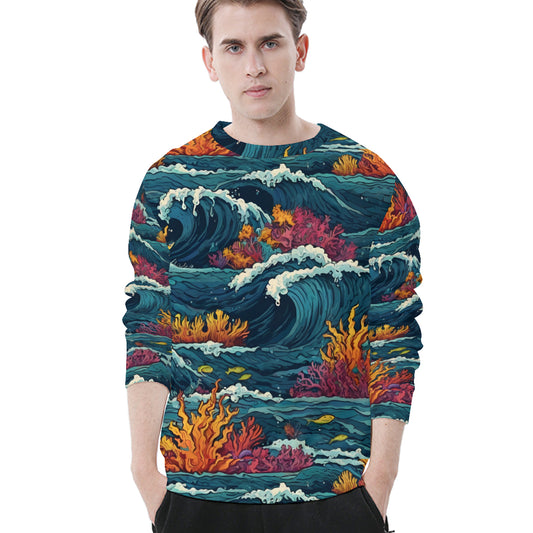 Ocean Waves Men's O-Neck EU Size Long-Sleeved T-Shirt | 180GSM Cotton