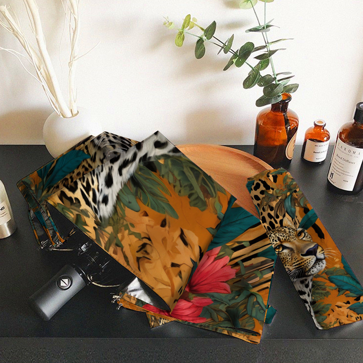 Warrior Leopard Automatic Tri-Fold Black Rubber Umbrella (Outside Printing)|Polyester