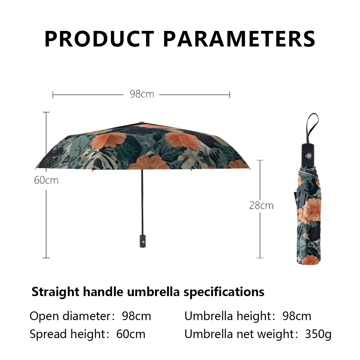 Floral Red Automatic Tri-Fold Black Rubber Umbrella (Outside Printing)|Polyester