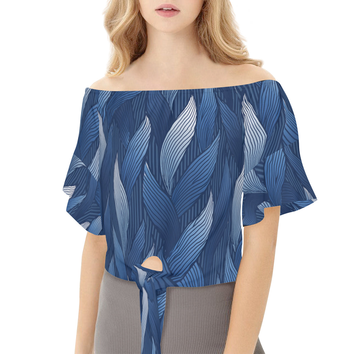 Blue Style Women's One-shoulder Tie Short Sleeves T-shirt