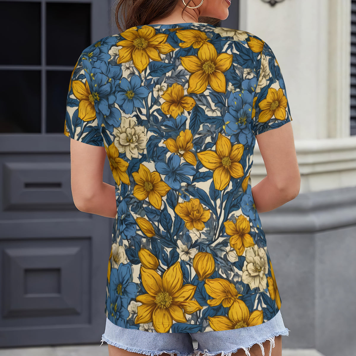 Floral Yellow Abstract Women's V-Neck Short Sleeve T-Shirt | Polyester