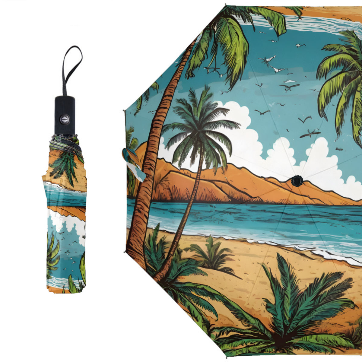 Beach Front Automatic Tri-Fold Black Rubber Umbrella (Outside Printing)|Polyester