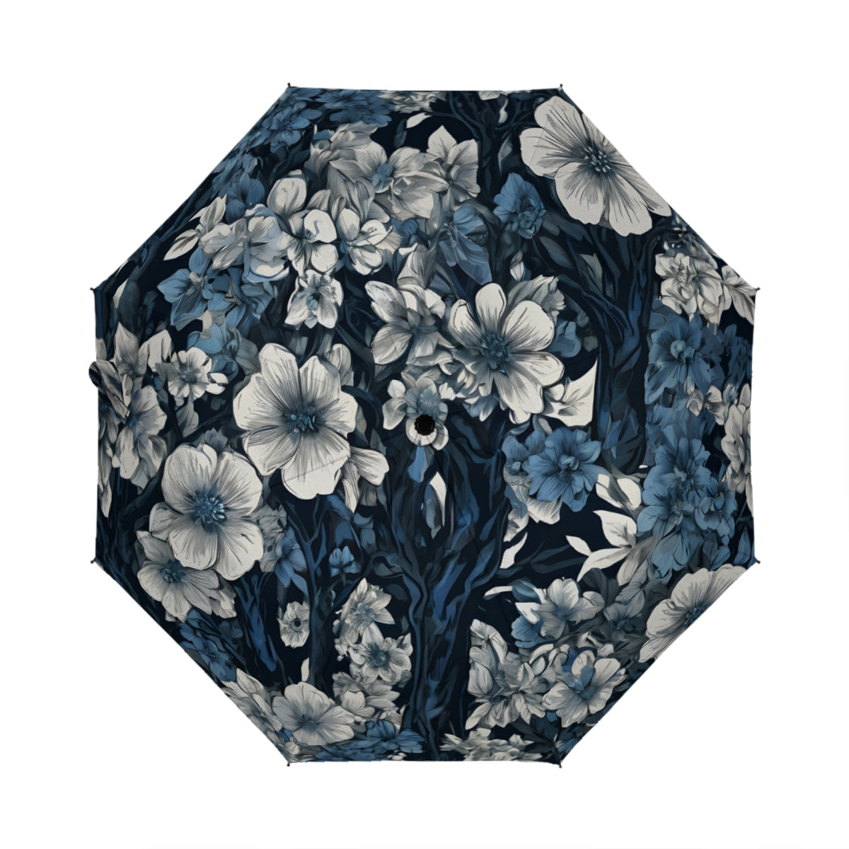Floral Blue Automatic Tri-Fold Black Rubber Umbrella (Outside Printing)|Polyester