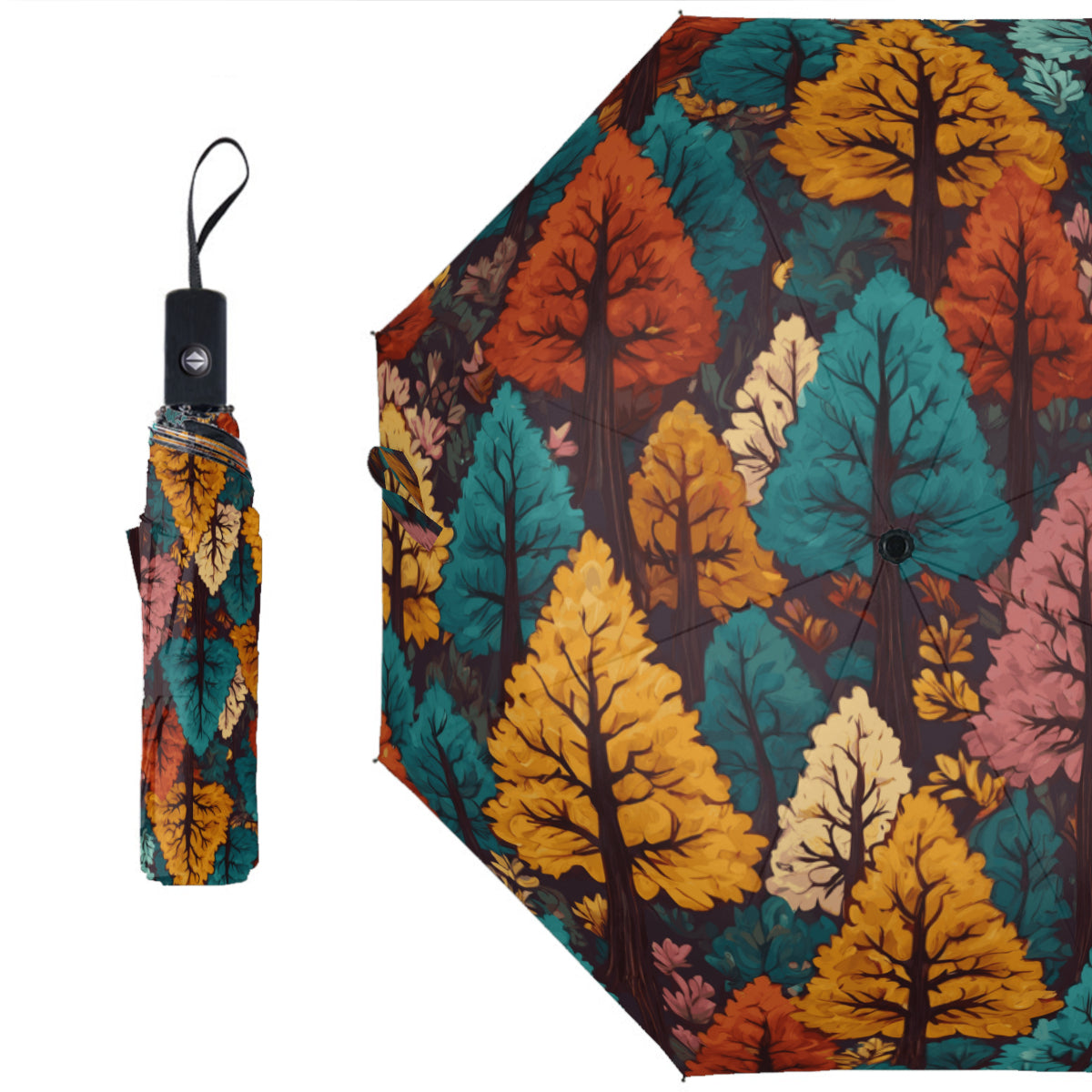 Beautiful Floral Automatic Tri-Fold Black Rubber Umbrella (Outside Printing)|Polyester