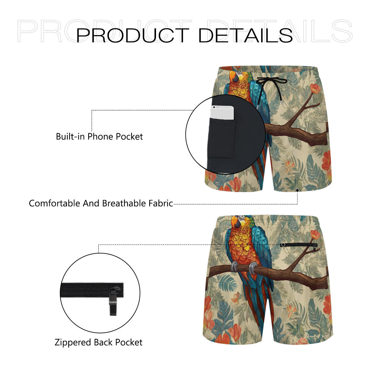 Parrot Design Men's Casual Shorts Double-Layer Sports Beach Pants (Short) | Polyester