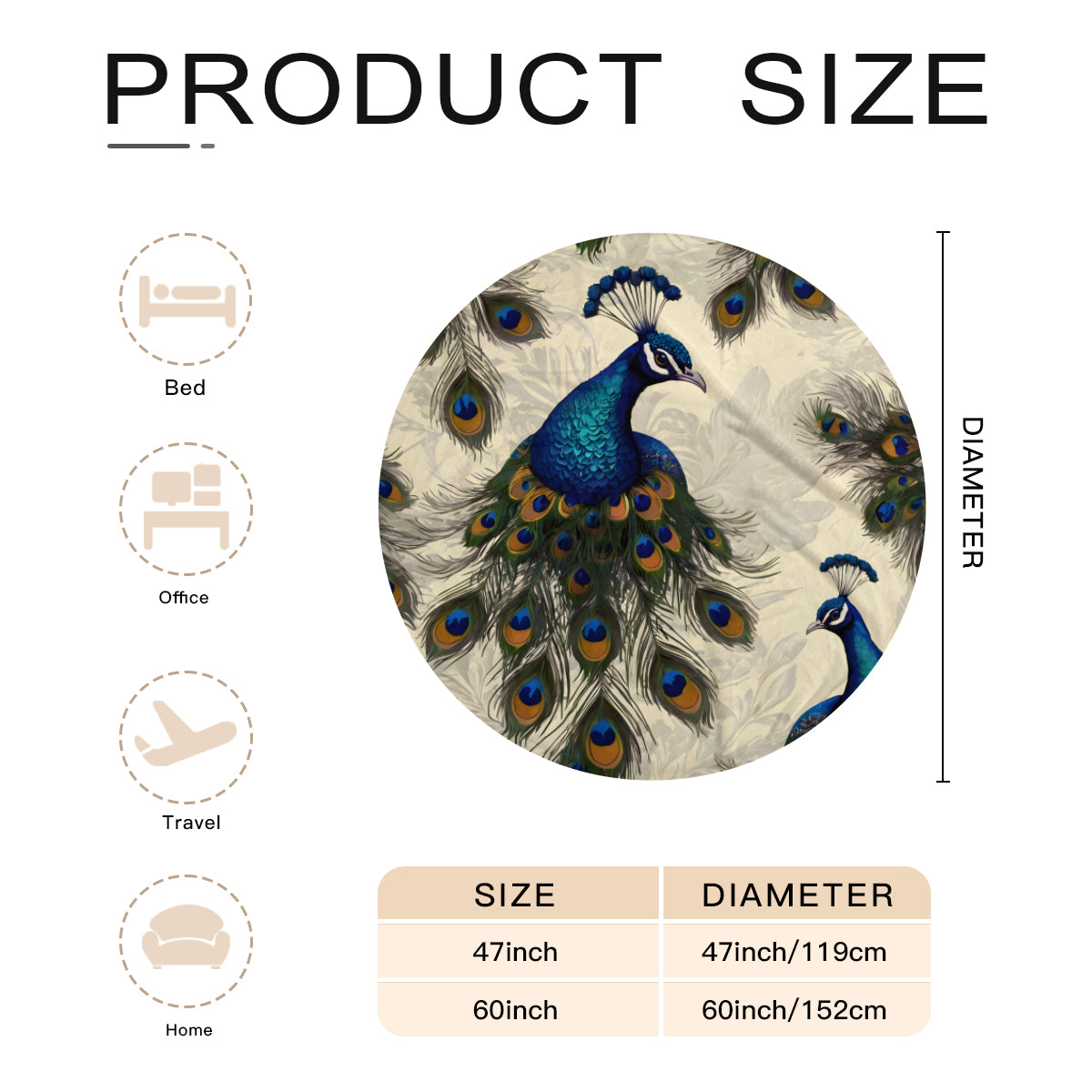 Peacock Design Single-Sided Printed Round Blanket | 280GSM Flannel