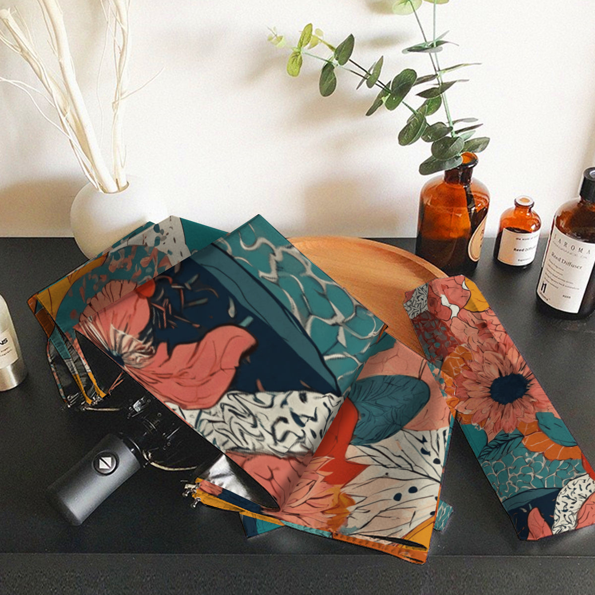 Awesome Floral Automatic Tri-Fold Black Rubber Umbrella (Outside Printing)|Polyester