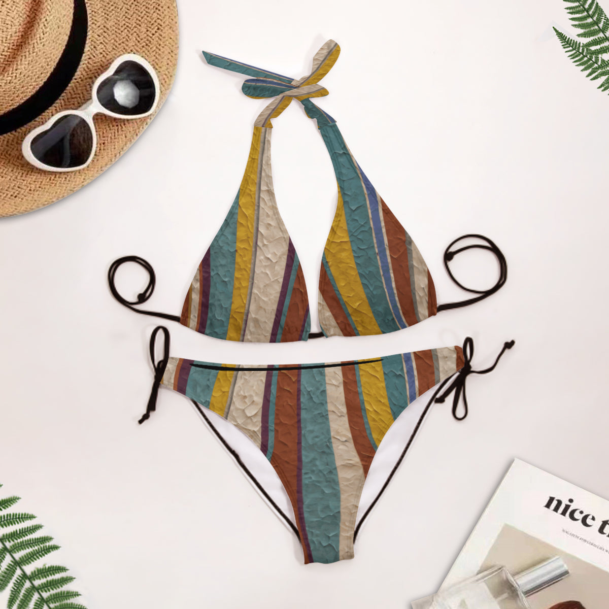 Strip Design Bikini Swimsuit (Multi-Faceted Design)|Polyester+Spandex