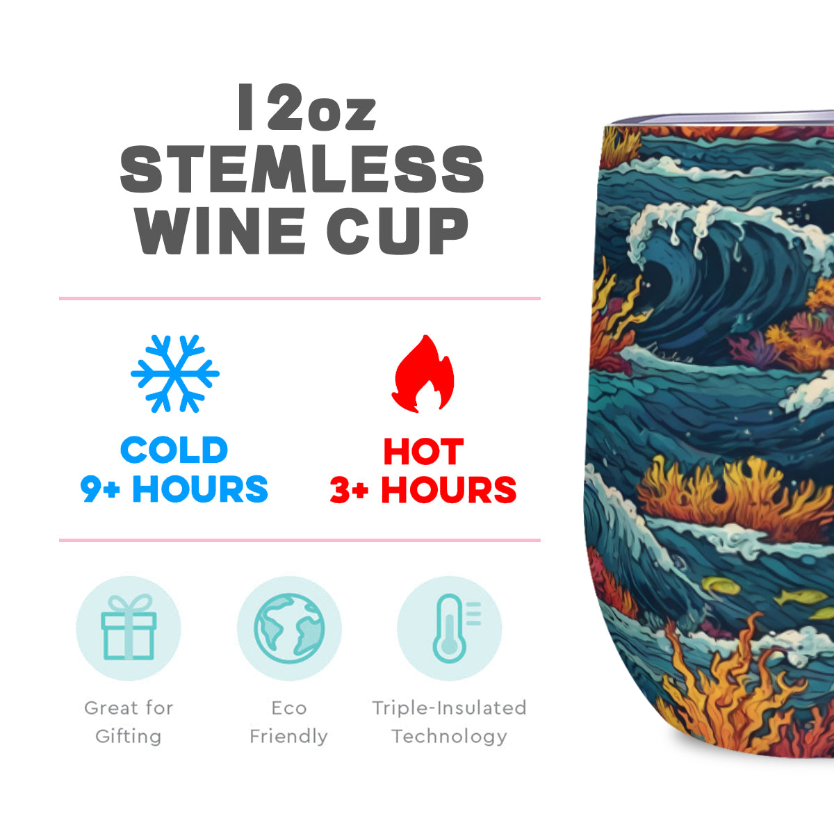 Ocean Waves Stemless Wine Tumbler(350ml/12oz)| Stainless steel 304