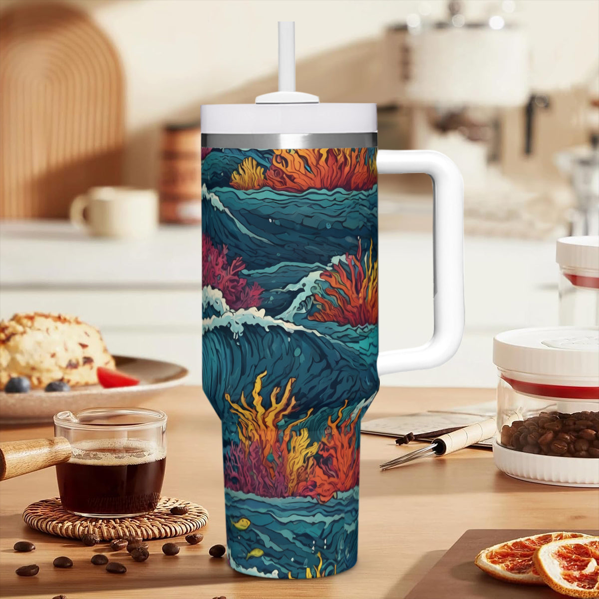 Ocean Waves Large Capacity Tumbler with Handle(1100ml/40oz) | Stainless Steel 304
