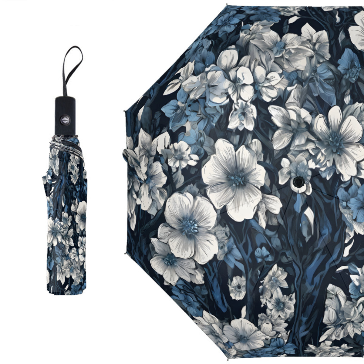Floral Blue Automatic Tri-Fold Black Rubber Umbrella (Outside Printing)|Polyester