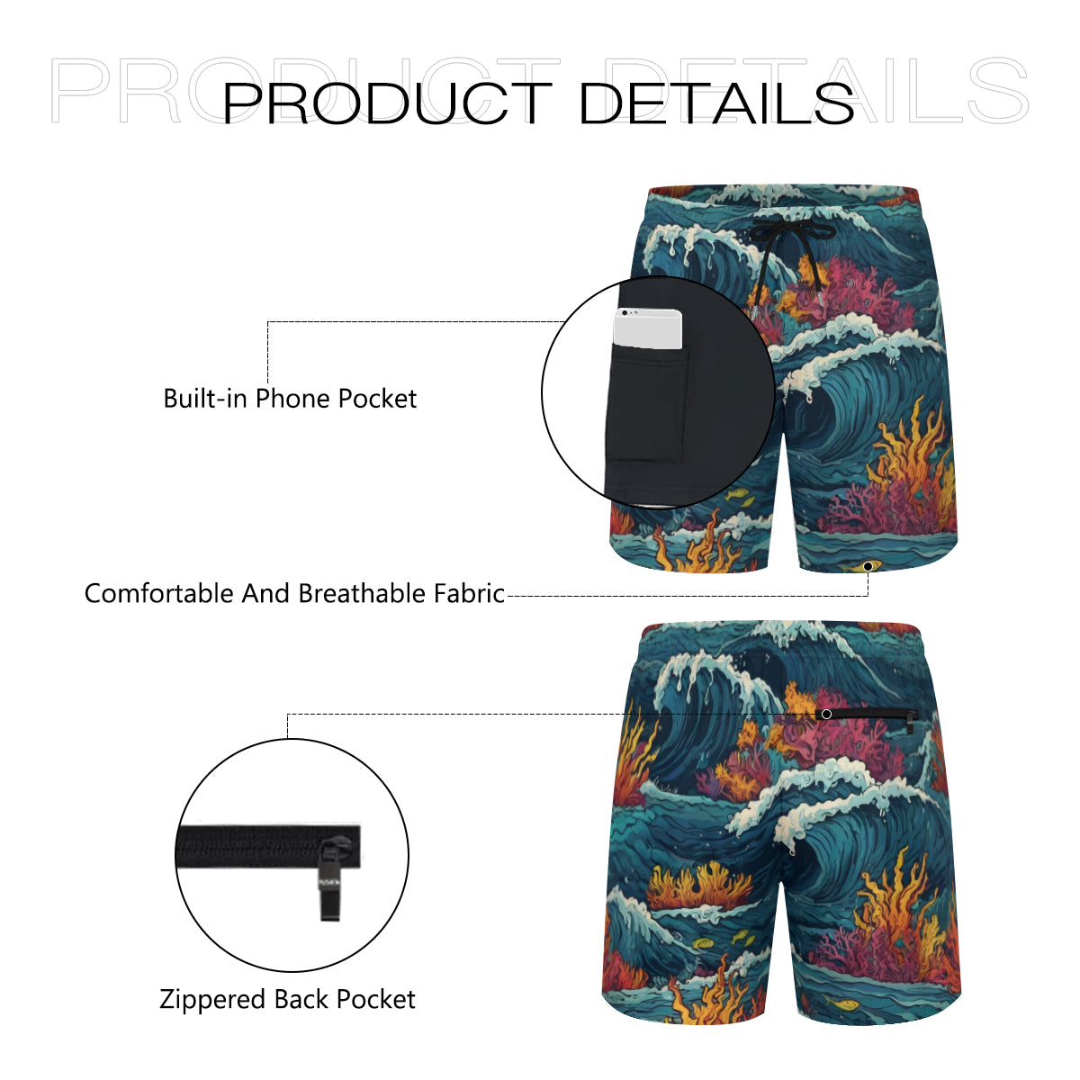 Ocean Waves Men's Casual Shorts Double-Layer Sports Beach Shorts | Polyester
