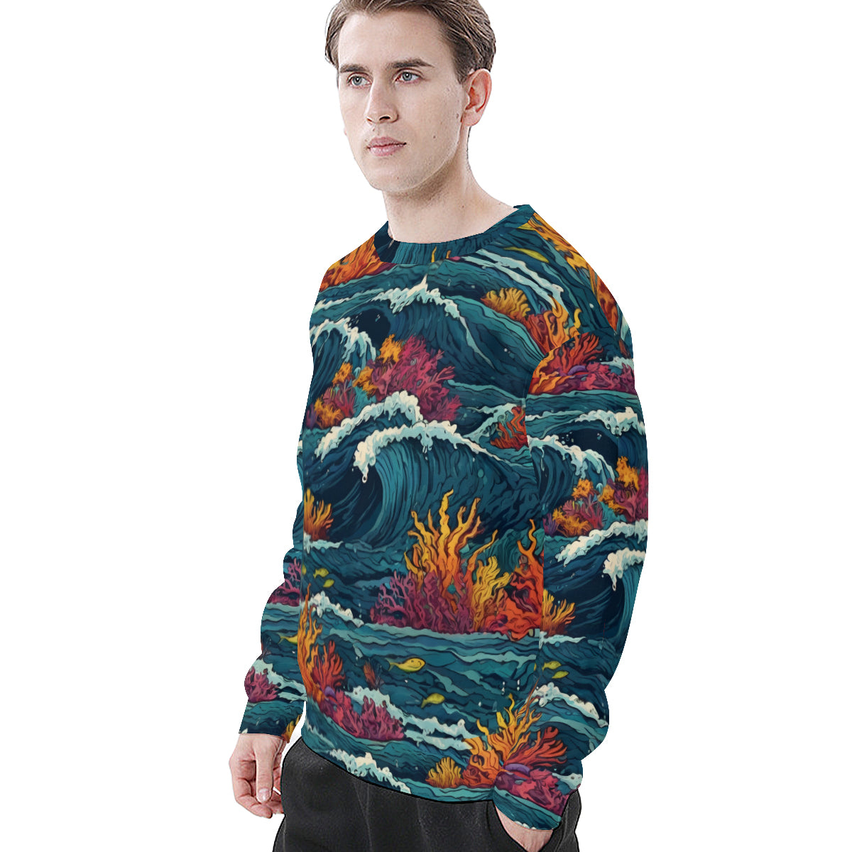 Ocean Waves Men's O-Neck EU Size Long-Sleeved T-Shirt | 180GSM Cotton