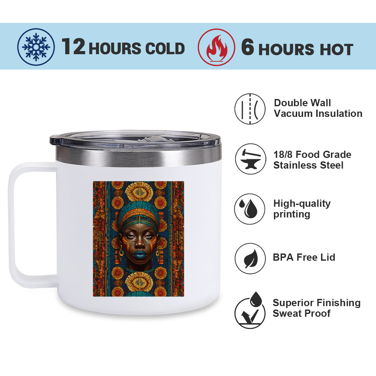 Melanin Image Reversible Patterned Insulated Tumbler Coffee Mug with Handle (410ml/14oz) | Stainless Steel 304