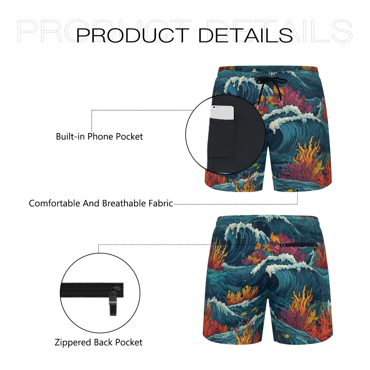 Ocean Waves Short Sports Beach Shorts (Multifaceted Design) | Polyester