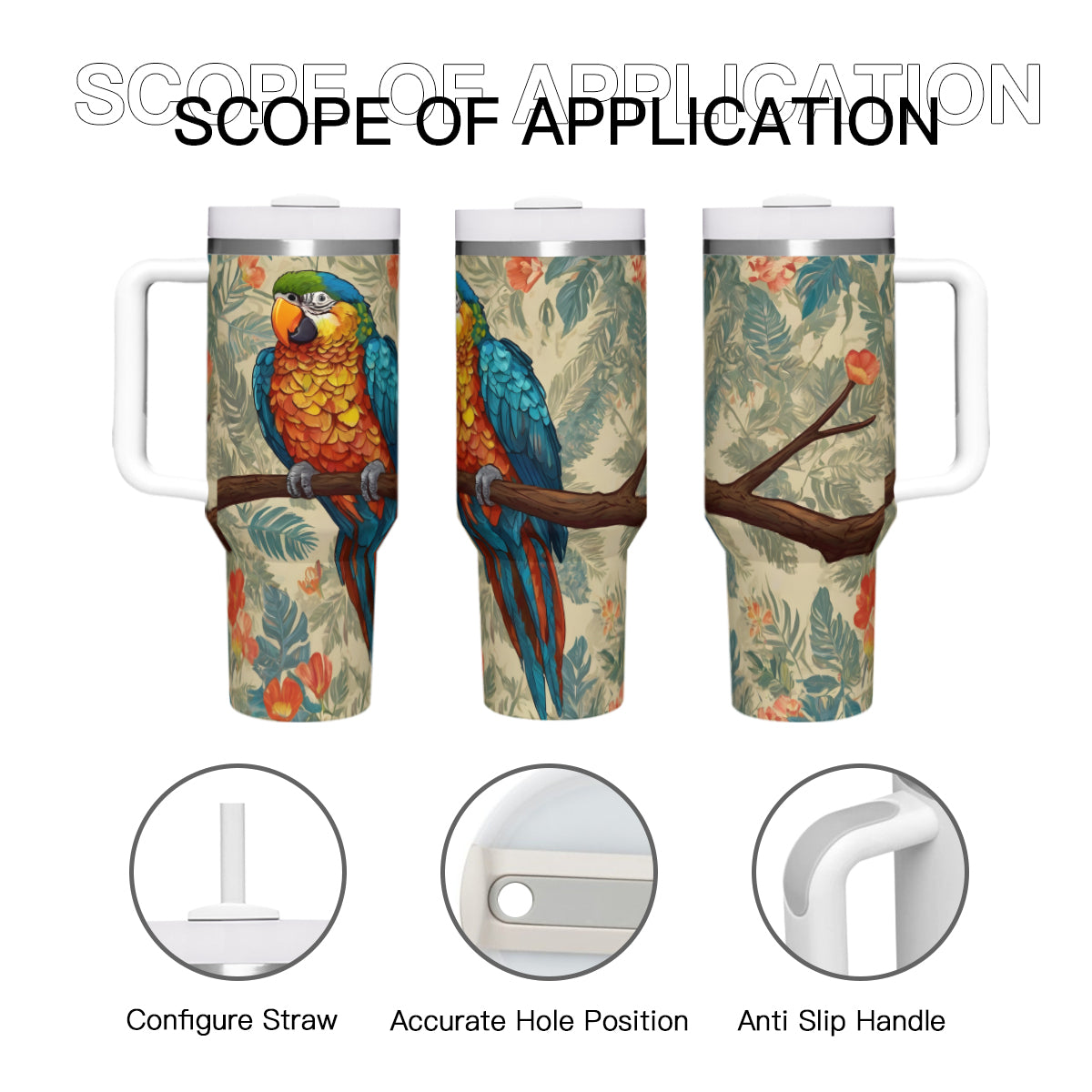 Parrot Design Large Capacity Tumbler with Handle(1100ml/40oz) | Stainless Steel 304