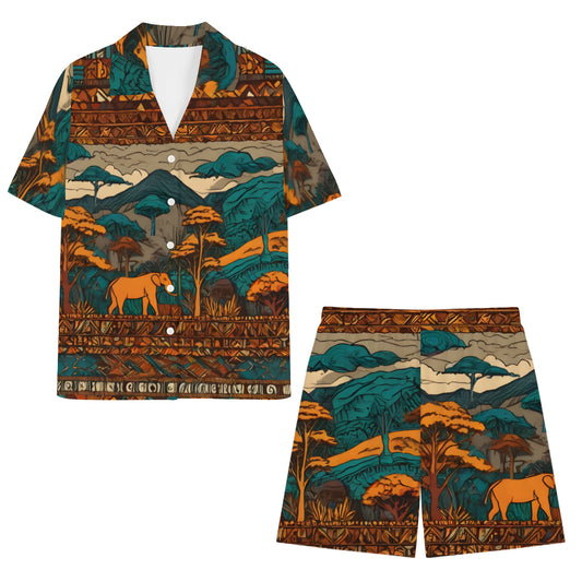 Beautiful Landscape All-Over Print Man's Shirt and Shorts Pajama Set (Multi-faceted Design) | Cotton-Like Polyester