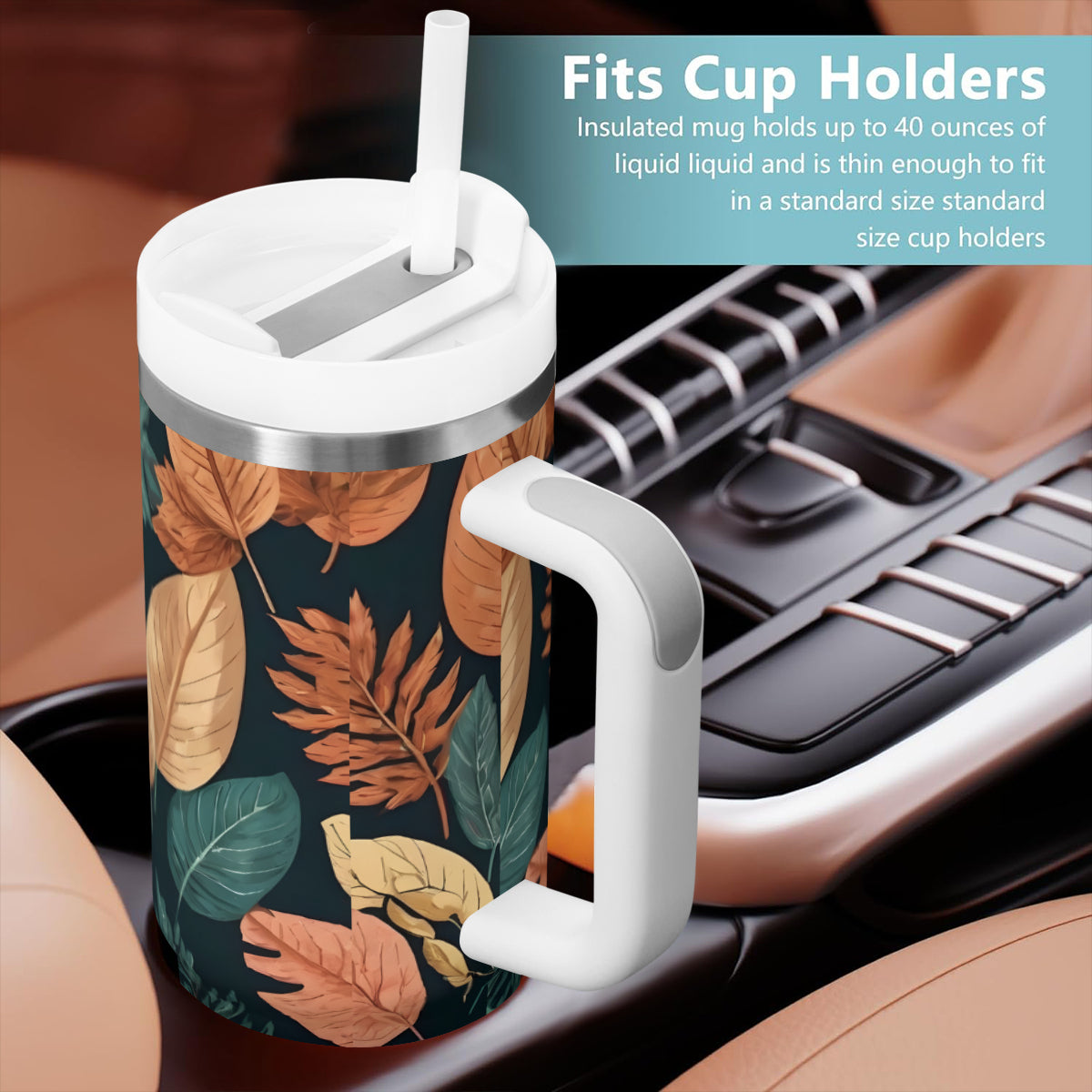 Colorful Leaves Large Capacity Tumbler with Handle(1100ml/40oz) | Stainless Steel 304
