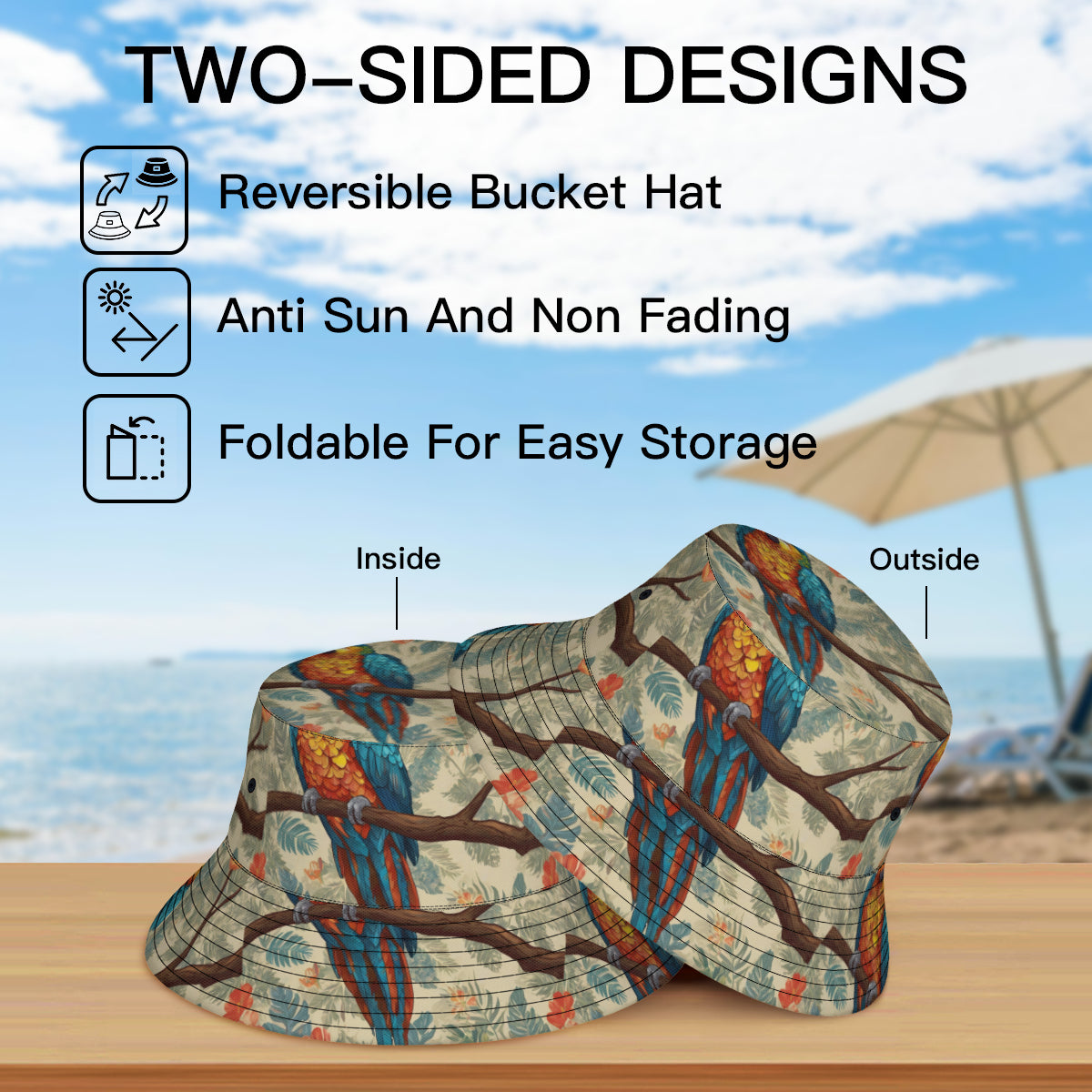 Parrot Design Double-Sided All-Over Print Fisherman Hat | Polyester