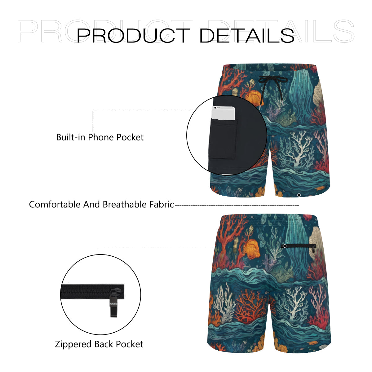Under Sea BeautyAll-Over Print Men's Casual Shorts Double-Layer Sports Beach Shorts (Multi-Faceted Design) | Polyester