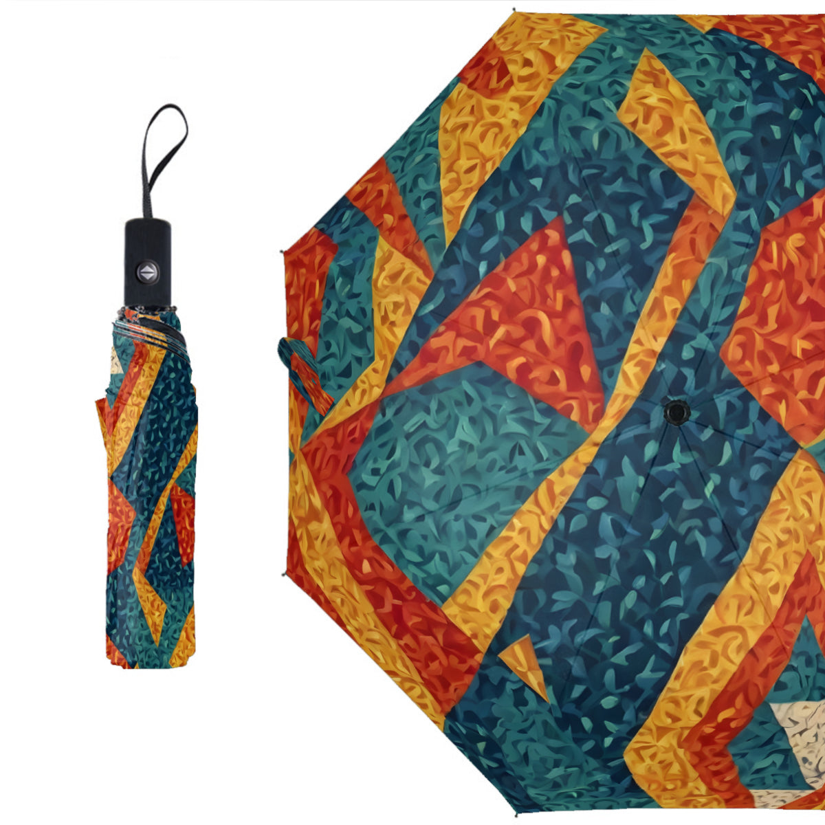 Abstract Pattern Automatic Tri-Fold Black Rubber Umbrella (Outside Printing)|Polyester