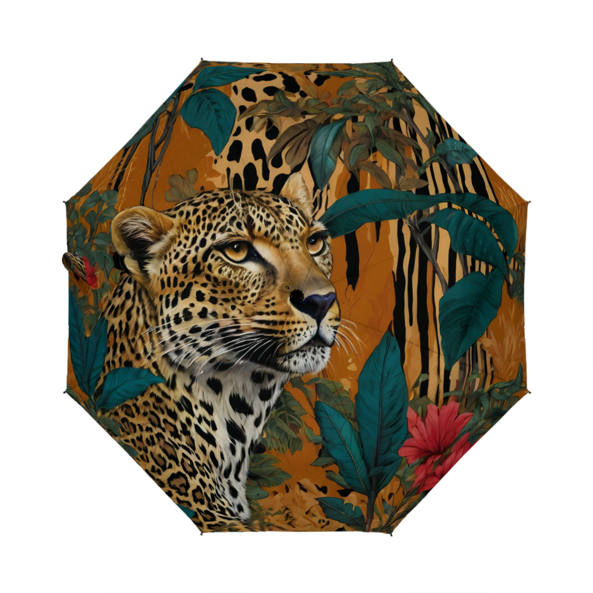 Warrior Leopard Automatic Tri-Fold Black Rubber Umbrella (Outside Printing)|Polyester