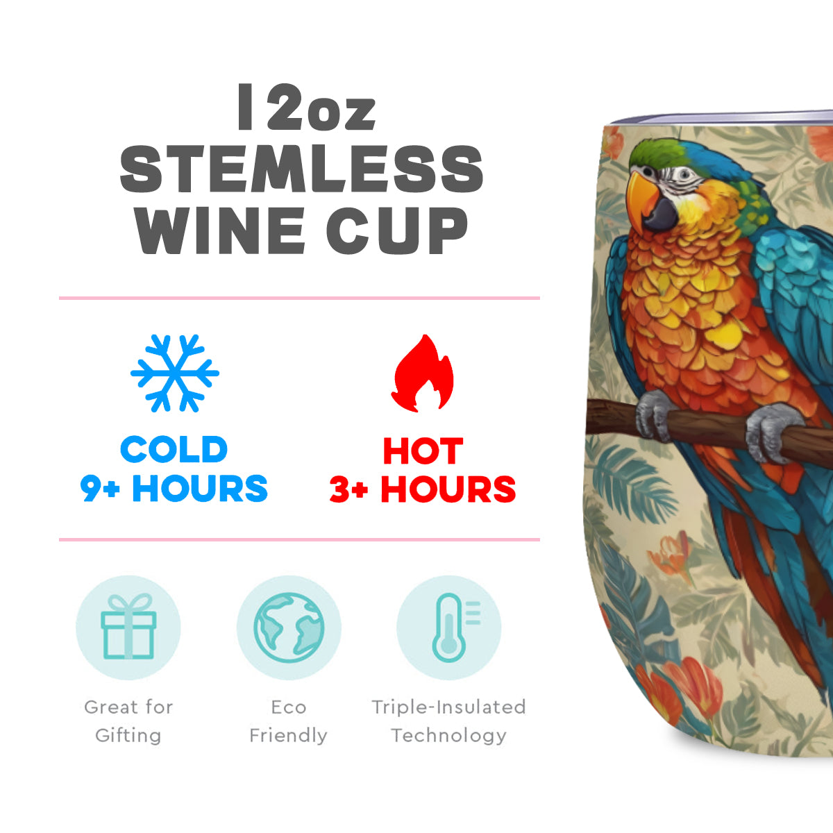 Parrot Design Stemless Wine Tumbler(350ml/12oz)| Stainless steel 304