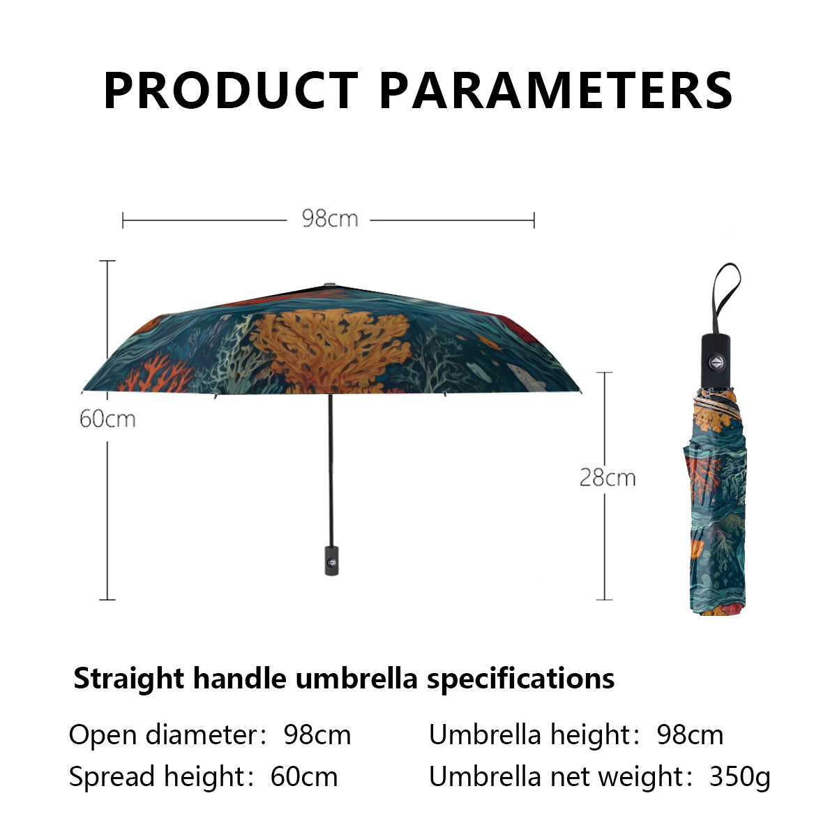 Under Sea Beauty Automatic Tri-Fold Black Rubber Umbrella (Outside Printing)|Polyester