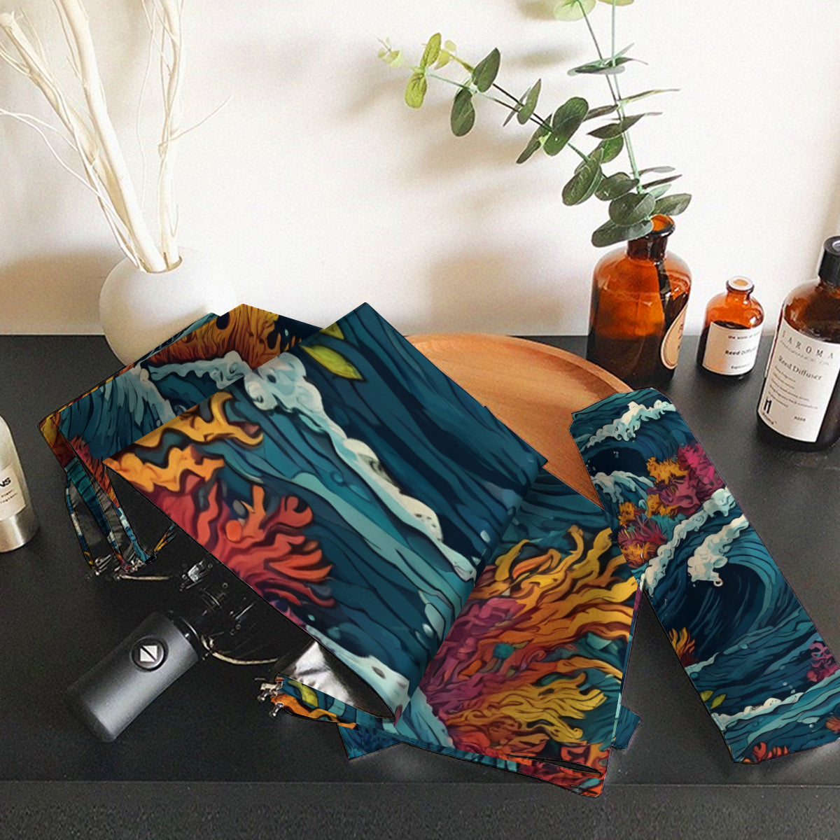 Ocean Waves Automatic Tri-Fold Black Rubber Umbrella (Outside Printing)|Polyester
