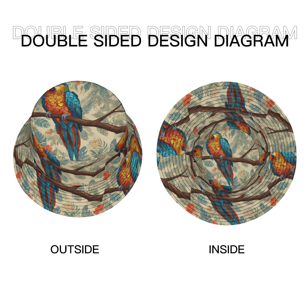 Parrot Design Double-Sided All-Over Print Fisherman Hat | Polyester