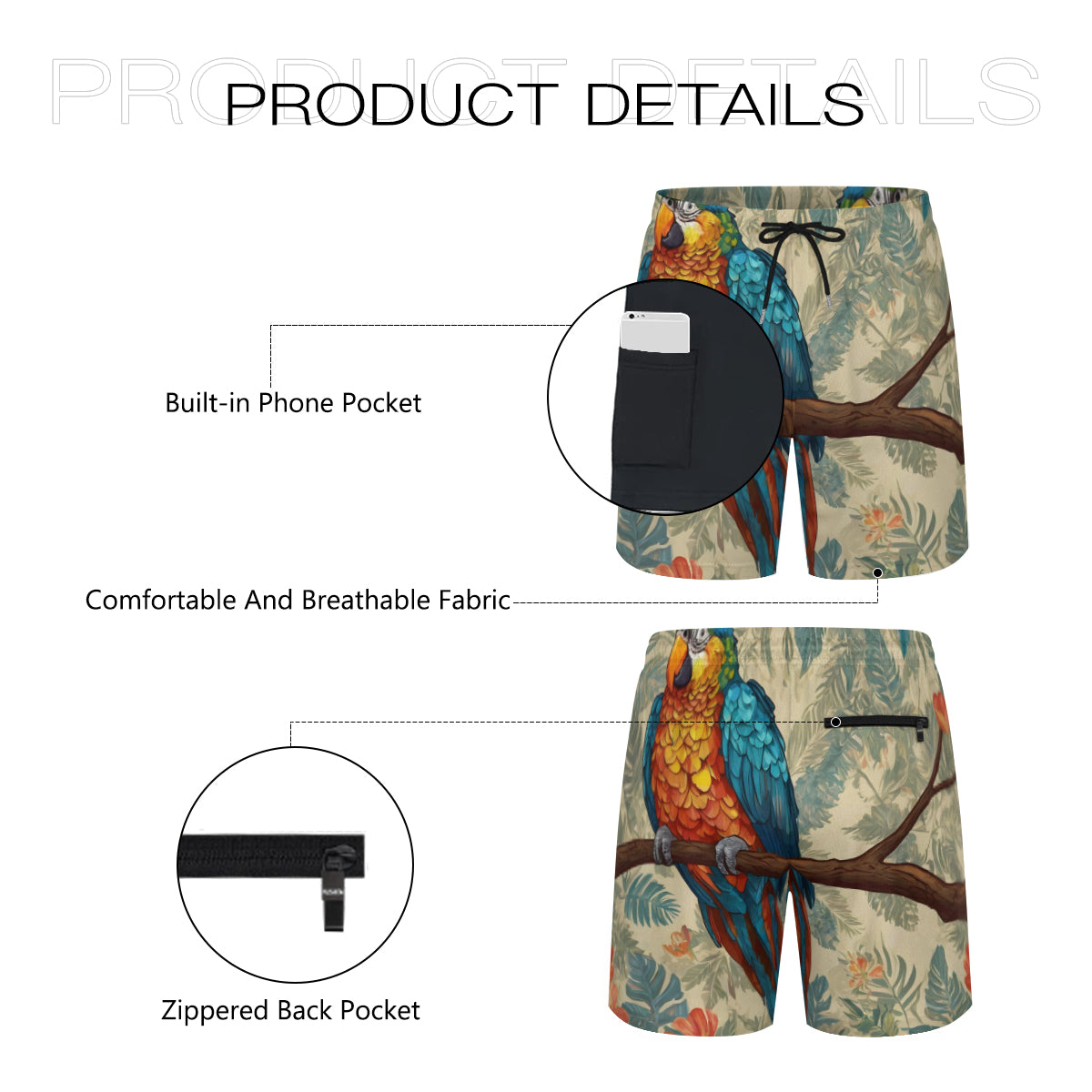 Parrot Design Men's Casual Shorts Double-Layer Sports Beach Shorts | Polyester