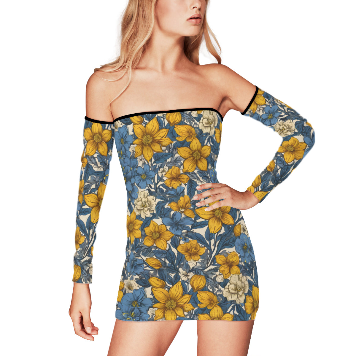 Abstract Yellow Floral Women's Off-shoulder Back Lace-up Dress | Polyester