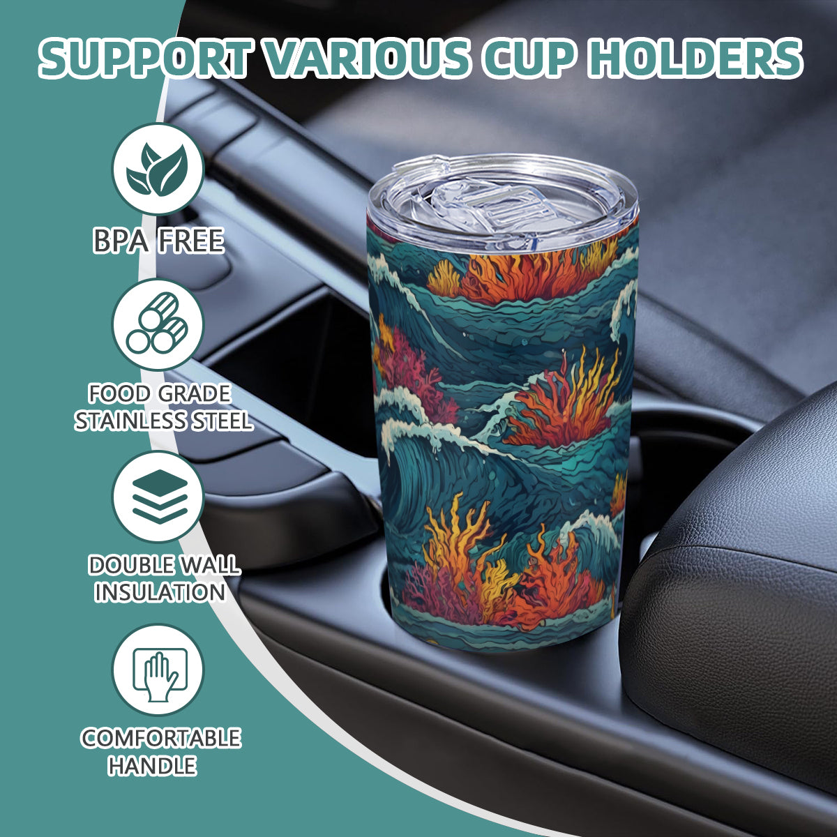 Ocean Waves Outdoor Travel Carry Tumbler (600ml/20oz) | Stainless Steel 304