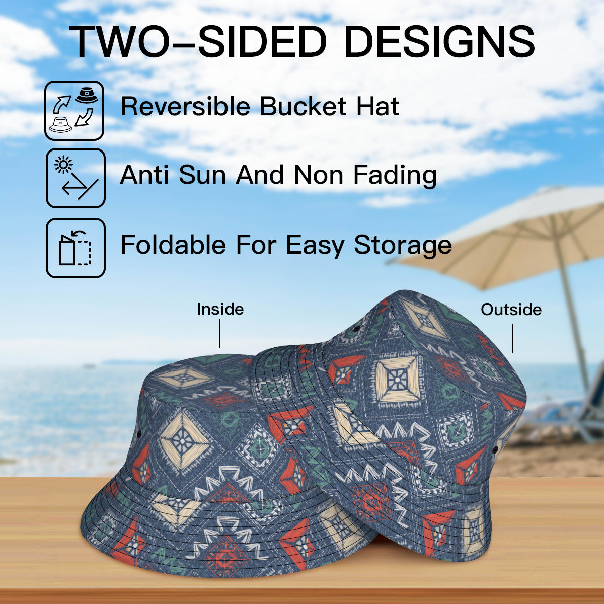 Denim Abstract Design Double-Sided Fisherman Hat | Polyester