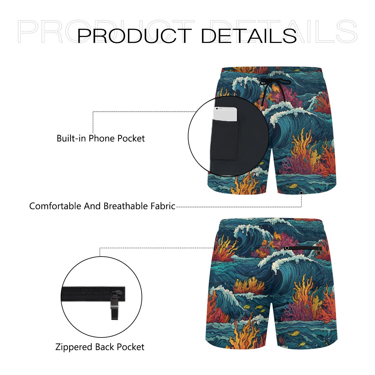 Ocean Waves Men's Casual Shorts Double-Layer Sports Beach Pants (Short) | Polyester