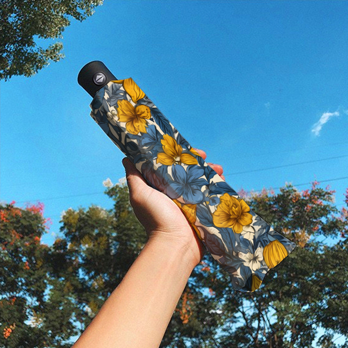 Abstract Yellow Floral Automatic Tri-Fold Black Rubber Umbrella (Outside Printing)|Polyester