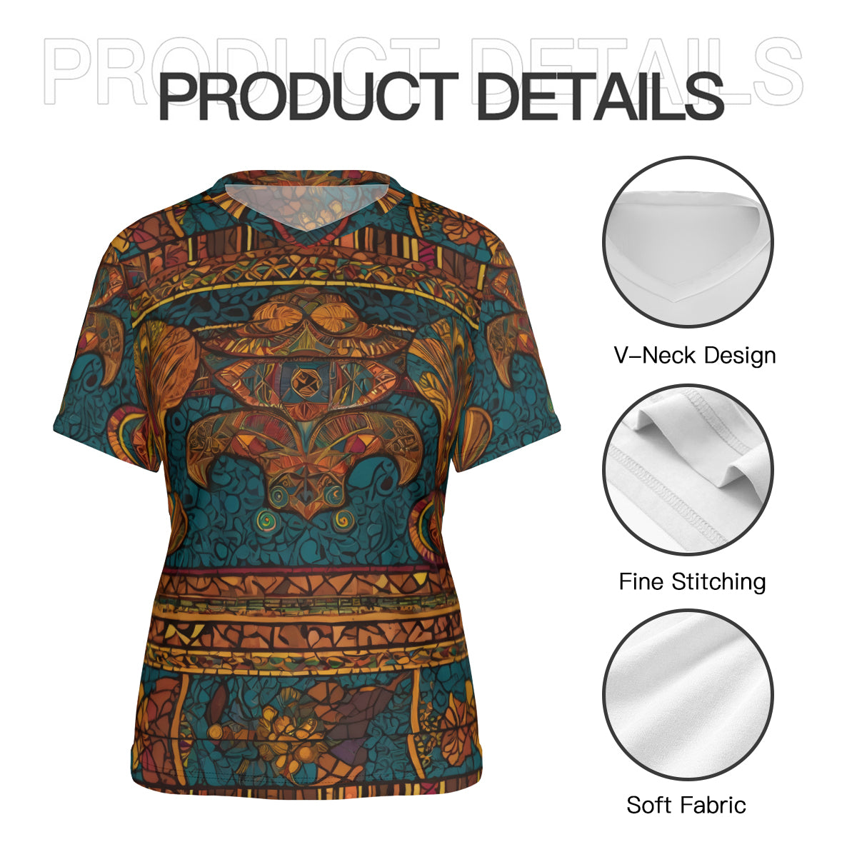 African Design Women's V-Neck Short Sleeve T-Shirt | Polyester