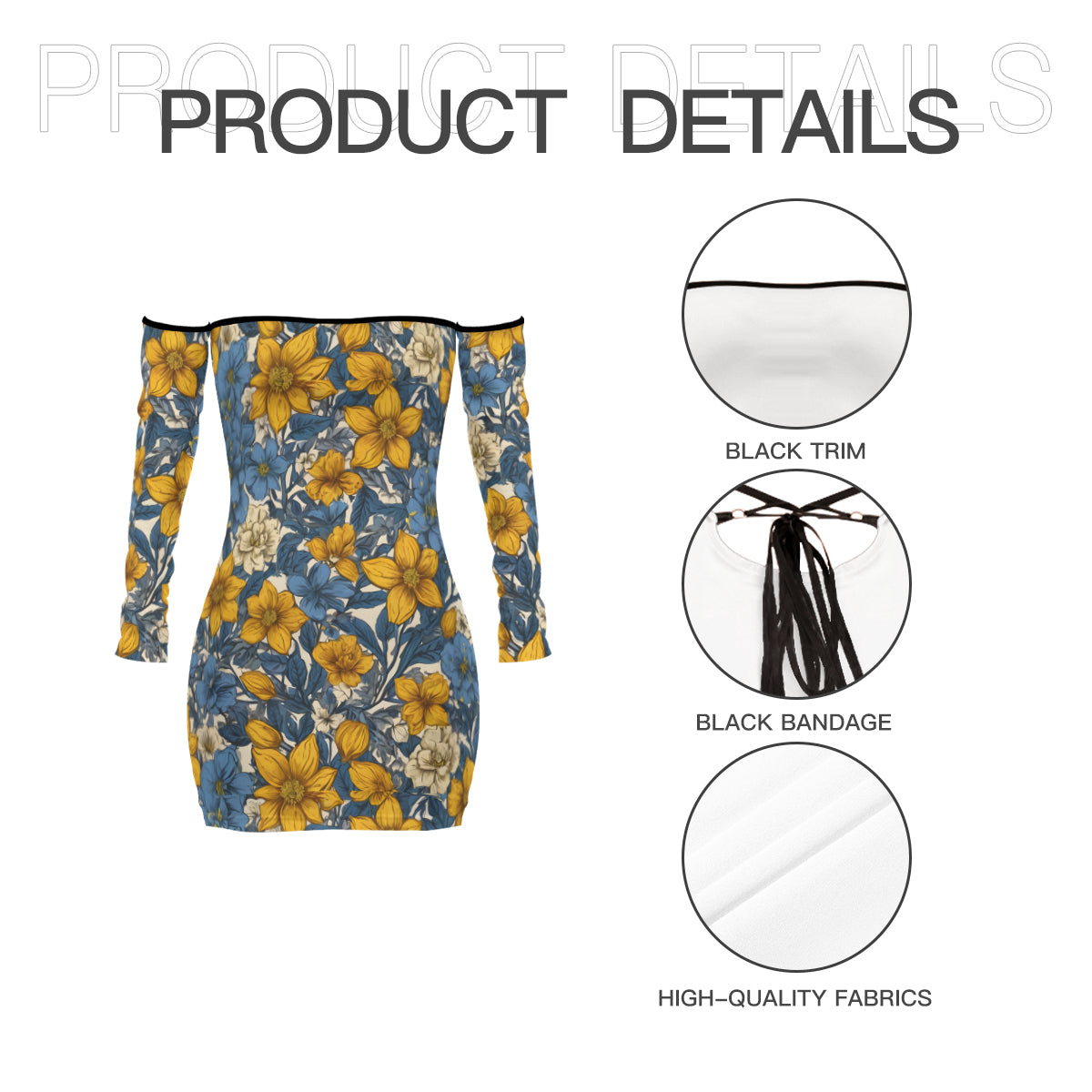 Abstract Yellow Floral Women's Off-shoulder Back Lace-up Dress | Polyester
