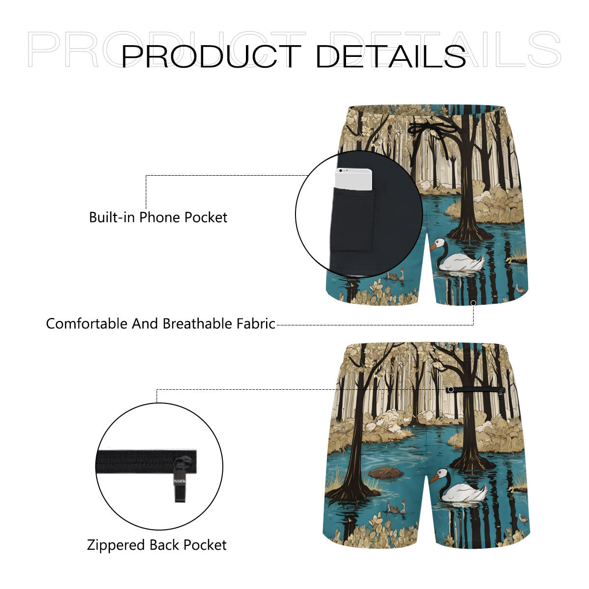 Landscape Wonder Men's Casual Shorts Double-Layer Sports Beach Pants (Short) | Polyester