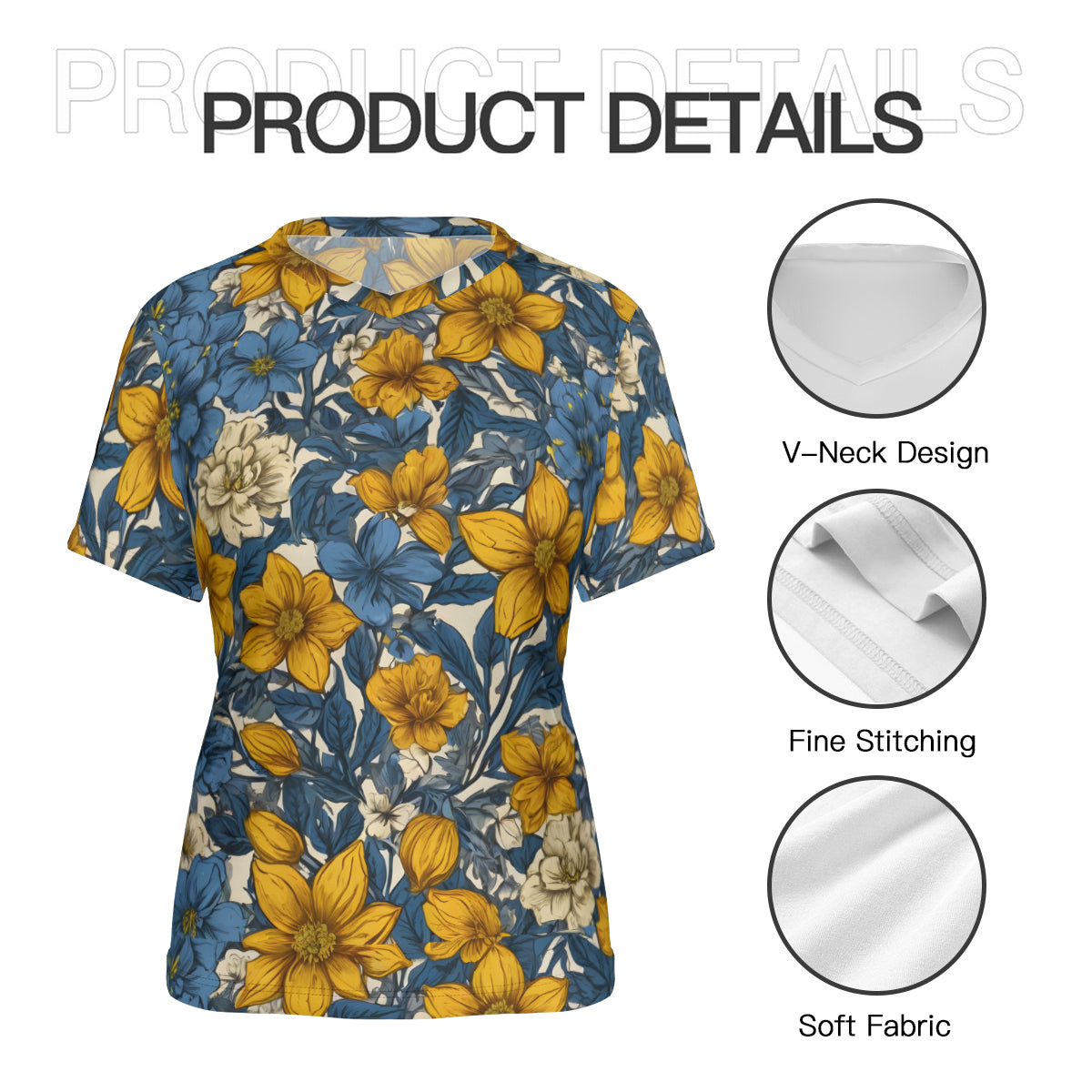 Floral Yellow Abstract Women's V-Neck Short Sleeve T-Shirt | Polyester