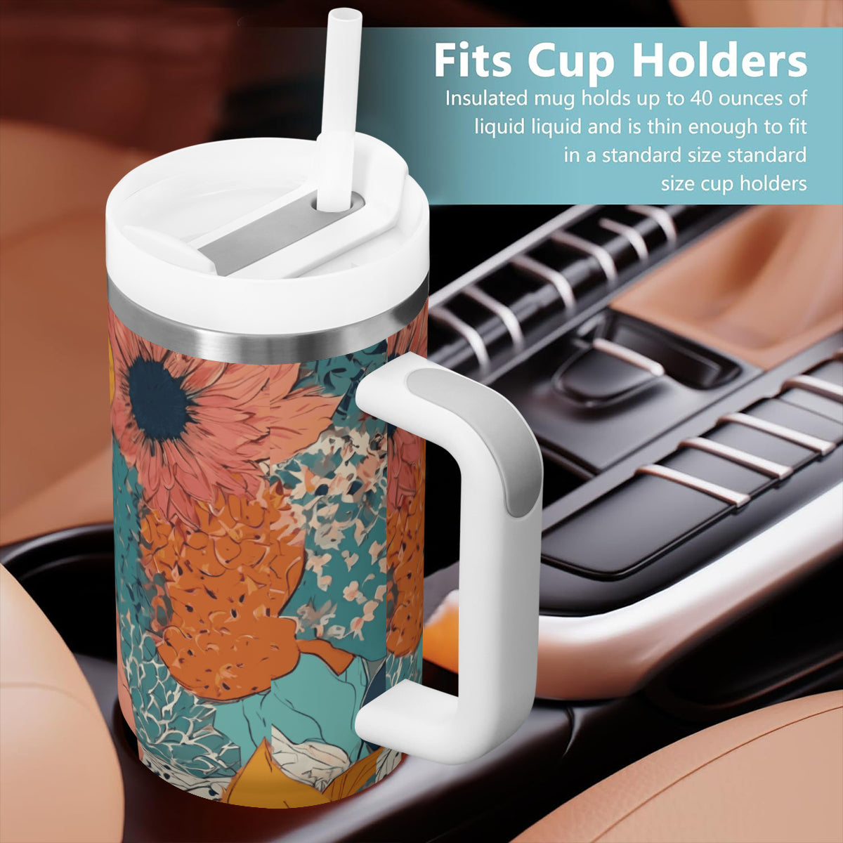Awesome Floral Large Capacity Tumbler with Handle(1100ml/40oz) | Stainless Steel 304