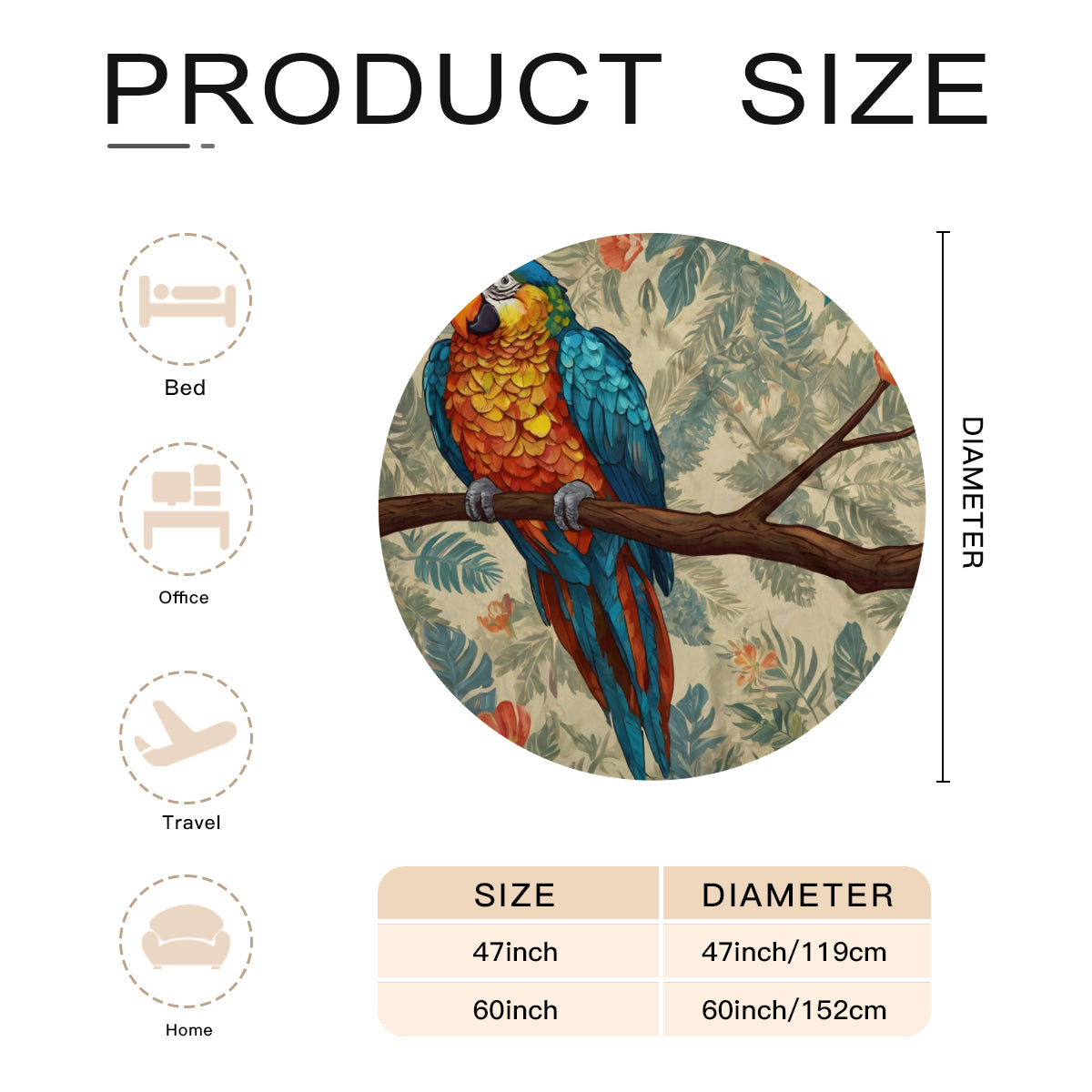 Parrot Design Single-Sided Printed Round Blanket | 280GSM Flannel